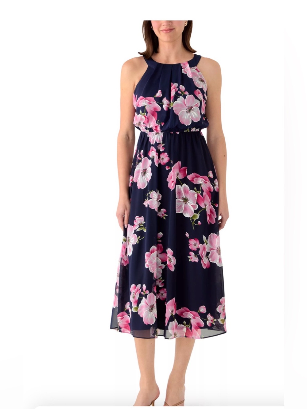 Robbie Bee Navy Midi Dress with Pink Floral Print